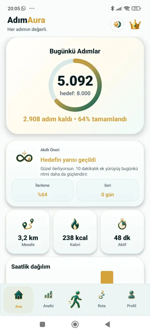 AdımAura adım sayar ana ekranı açık tema