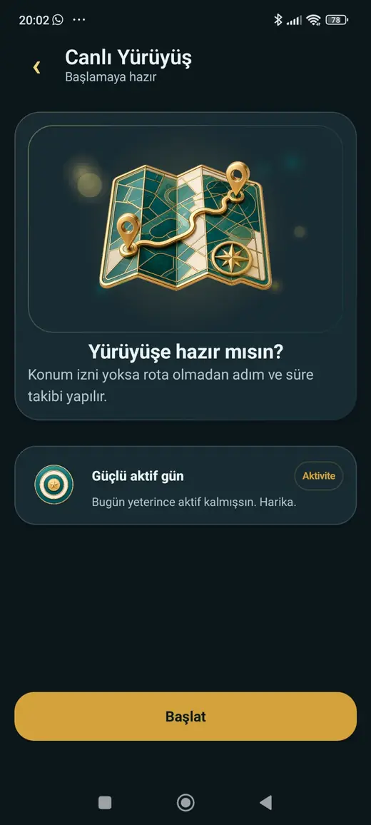AdımAura canlı yürüyüş ekranı koyu tema